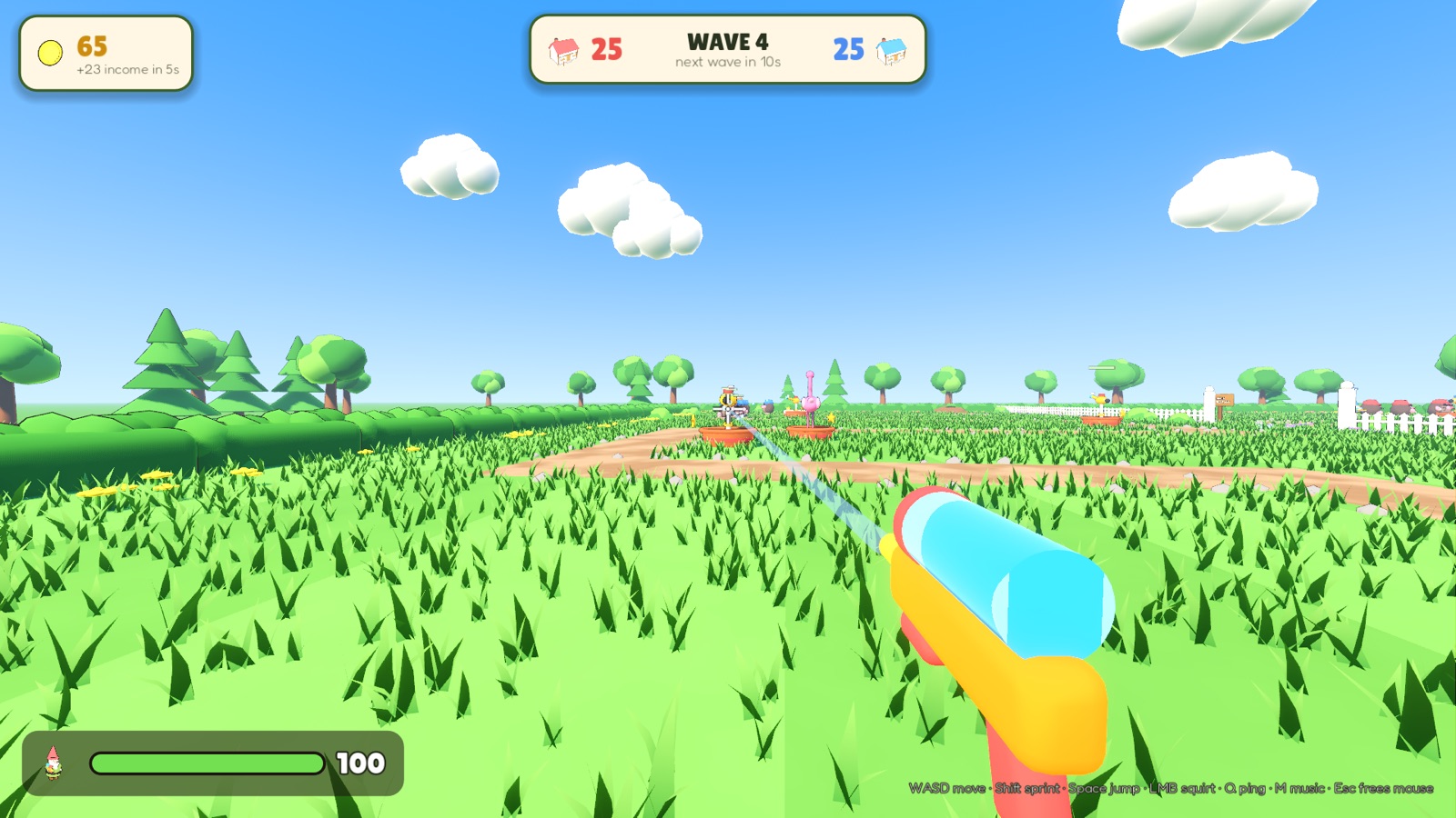 First-person view of a garden gnome spraying water across the lawn at an enemy tower.